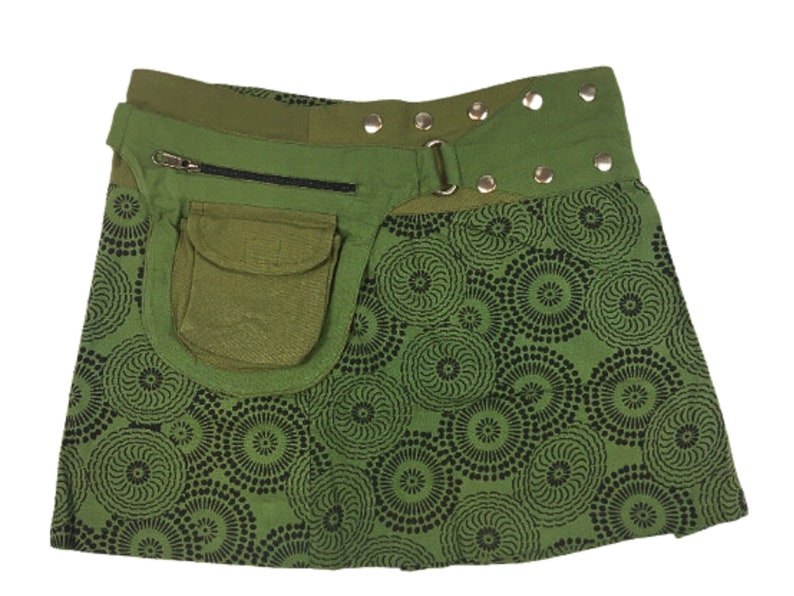 PRINTED MINI SKIRT Free Size Mandala Hippie Wrap Round Cotton Side Pouch Pocket Short Steam Punk Festival Urban Skirt Cultral Roots GREEN