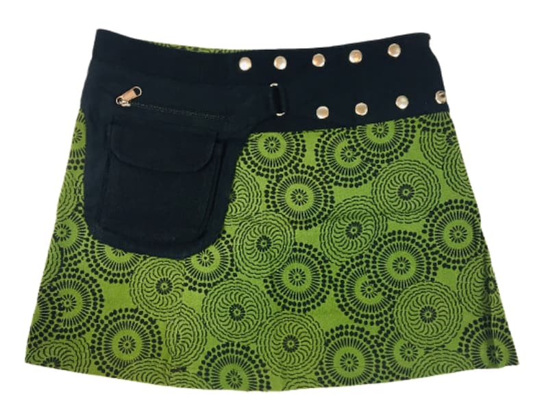 PRINTED MINI SKIRT Free Size Mandala Hippie Wrap Round Cotton Side Pouch Pocket Short Steam Punk Festival Urban Skirt Cultral Roots GREEN/BLACK