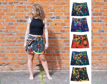 TIEDYE MINI SKIRT - Free Size Tie Dye Hippie Wrap Round Cotton Side Pouch Pocket Short Steam Punk Festival Urban Skirt - Cultral Roots