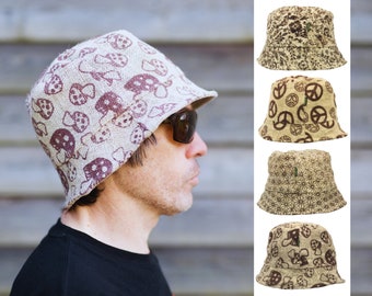 HEMP BUCKET HAT -  Printed Soft Brim Eco Friendly Packaged Peace Floral Geometry Mushroom - Cultural Roots