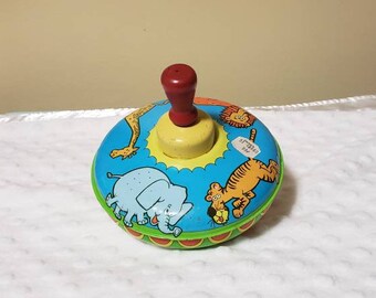 Metal Tin Litho Spinning Mechanized Toy Top w/Circus Animals #304A174