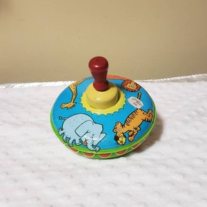 Metal Tin Litho Spinning Mechanized Toy Top w/Circus Animals #304A174