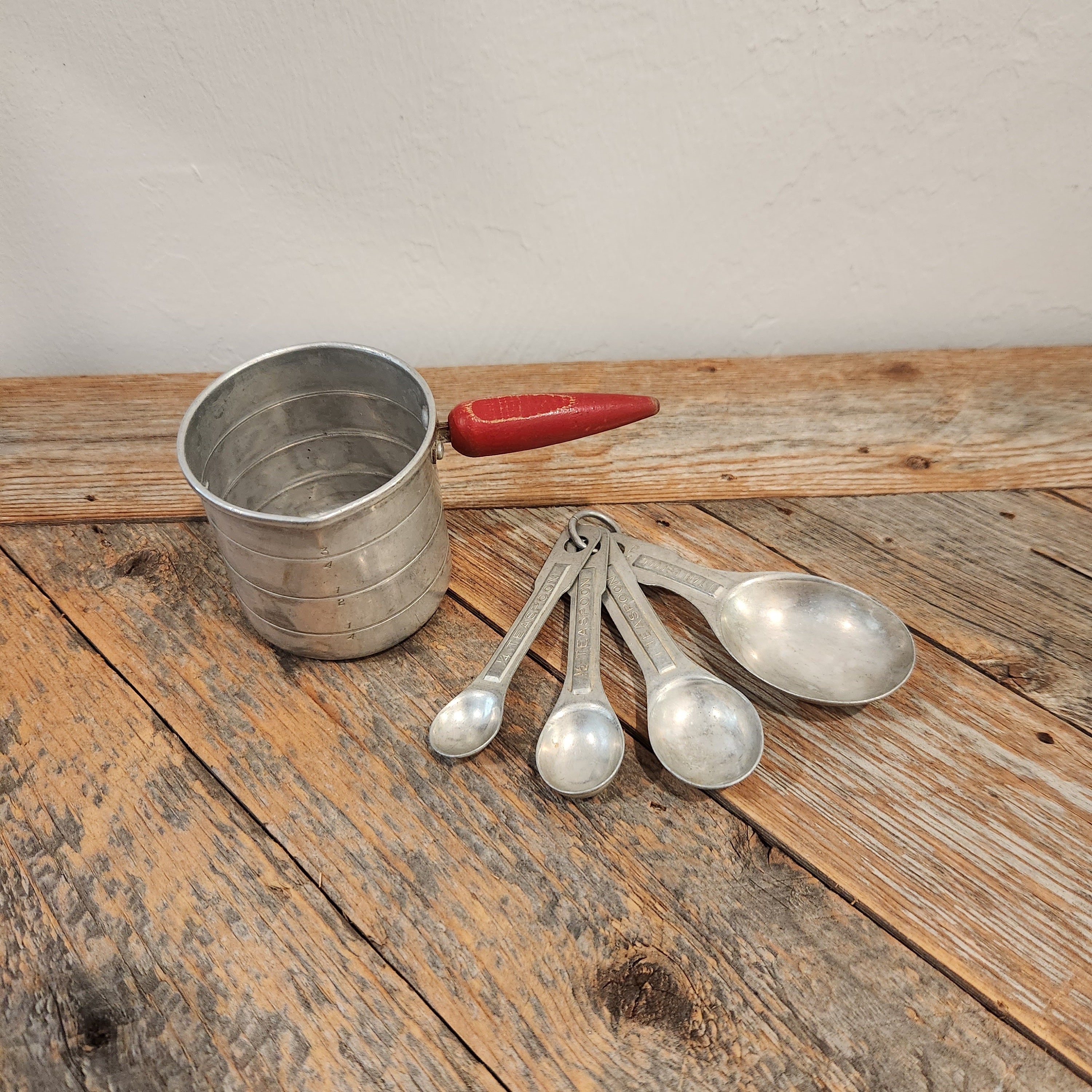 Vintage Aluminum Measuring Cups and Spoons, Circa 1950s, Retro Mid