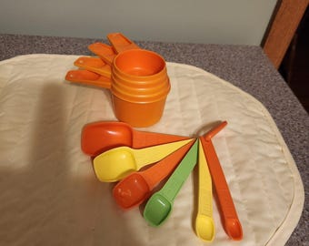 Vintage 1970 Orange and Multi Color Tupperware Measuring Cup 4 pc Set plus 6 Measure Spoons