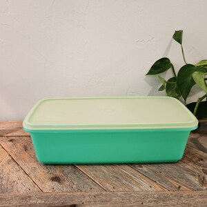 May include: A light green rectangular plastic storage container with a light green lid. The container is sitting on a wooden surface.