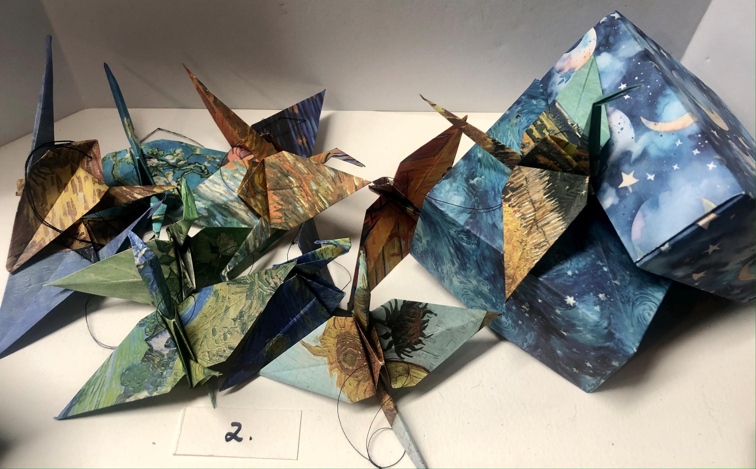 10 Origami Van Gogh Paper Cranes ~ Cute Flowers with Homemade Origami Box ~ Great Gift