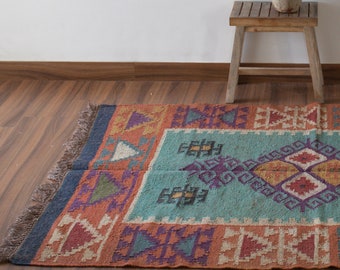 4 x 6 Ft - Jute\Wool Handwoven Kilim Rug, Home Decor,Living,Gift,Wall Decor,Floor,Celling Rug,Indian Traditional RUG\CARPET All Costum Size