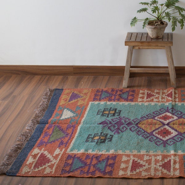 4 x 6 Ft - Jute\Wool Handwoven Kilim Rug, Home Decor,Living,Gift,Wall Decor,Floor,Celling Rug,Indian Traditional RUG\CARPET All Costum Size