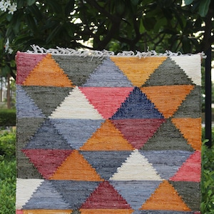 3 x 5 Rag Rug, Handmade, Cotton, Orange/Green/Red/White, Chindi Dhurrie, Traditional Indian, Modern, Custom Rug, Nordic, FREE SHIPPING