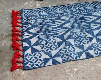 Handwoven Handmade Indigo Rug, Natural Dye, Small Rug, 2 x 3, Indigo/White, Traditional Indian, Red Pom-Poms, Bright-Lively, tassels, blue