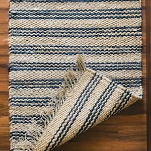 2 x 3 Hemp Handwoven Rug Dhurrie, Traditional, Natural Hemp, Blue Hemp Seagrass/Mountain Grass, Oriental, small rug, mat, outside rug, washa