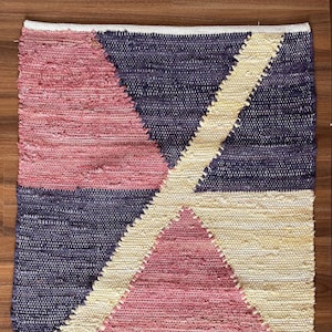 2.5 x 4, Handmade Rag Rug — 30 x 48 in; 75 x 120 cm; pink/blue/brown/beige, abstract, soft, cotton, handwoven, sustainable, chindi rug