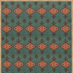 12 x 18 pies, Kilim — Alfombra Kilim Runner hecha a mano; 360 x 540 cm, azul; Naranja; Blanco