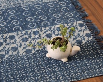 4 x 6 Cotton Indigo Rug, Block Printed Dhurrie, Handmade Rug, Leaf Floral Geometric Stripes Pattern, Blue Rug, White Rug, Home Decor, Wall