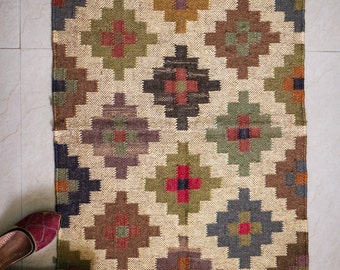 2 x 3 Ft - Jute\Wool Handwoven Kilim Door Mat, Bed Side, Wall Decor, Entryway, Wall Hanging, Indian Traditional RUG\CARPET All Costum Size