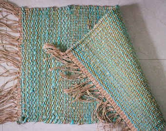 Handmade JUTE-HEMP Rug, Multicolor; Jute Dhurie; Hemp Dhurrie; Small Rug; Mat; traditional Indian; Chic Victorian Hipster; FREE Shipping!