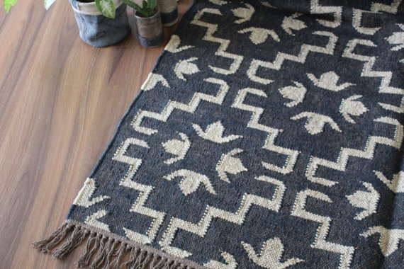 Handwoven Black Kilim Rug: Wool & Jute, 6x6 ft