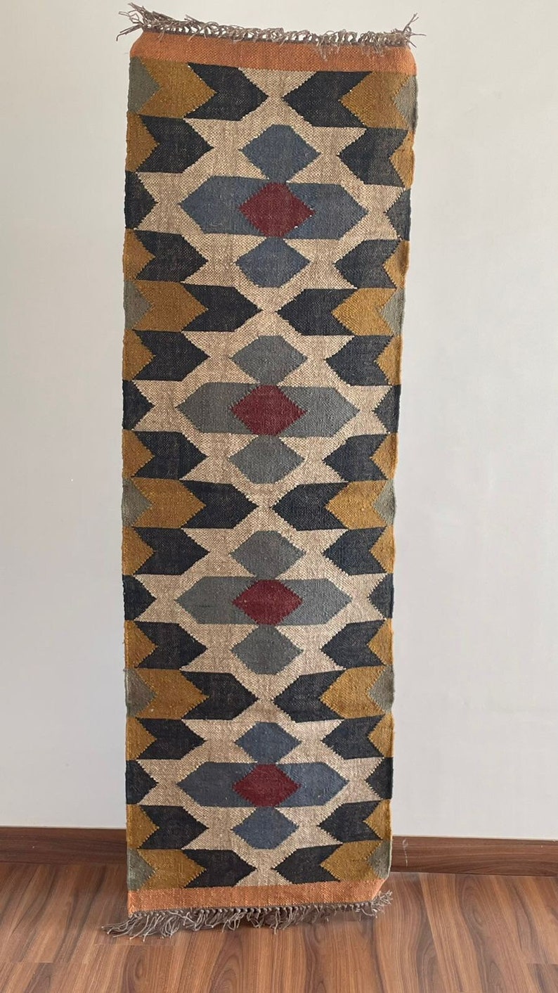 2 x 6 Jute Handwoven Kilim Runner Rug, Carpet Runner 60 x 180, Handmade, Kelim, Indian, Oriental, Traditional, Grey/Yellow/Red/Black/Beige image 1