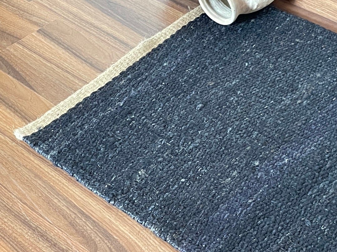 Handwoven Hemp Rug Dhurrie, Traditional, Natural Hemp,dark Blue Colour