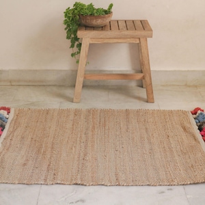 Handwoven Hemp Rug Dhurrie, Traditional, Natural Hemp Color with Multi Pom Pom, Hemp/Seagrass/Mountain Grass, 2 x 3, FREE SHIPPING