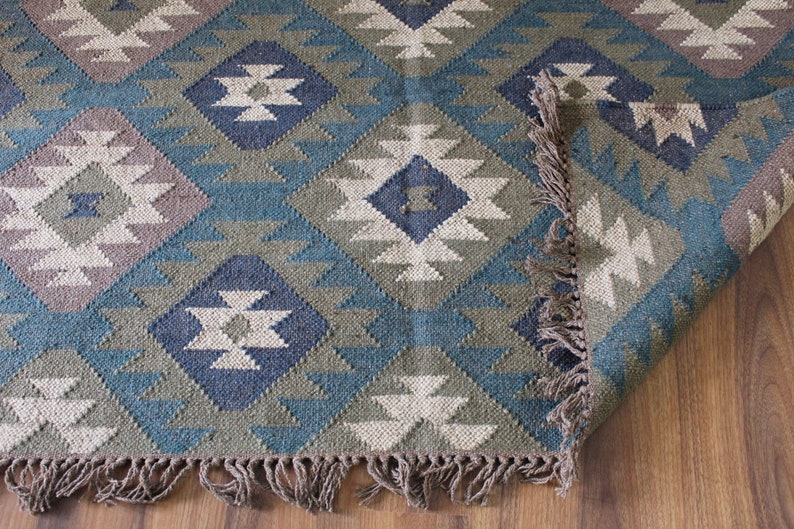 4 x 6 Handmade Wool and Jute Dhurrie Rug, Kilim Rug, Handmade, Home Decor, Area Rugs, ft rugs, kilim dhurri, Mulitcolor, Indian Chic image 1