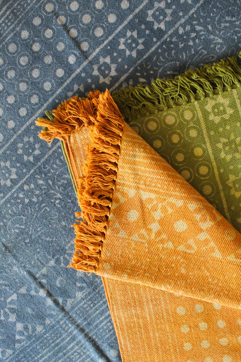 Handwoven Cotton Dhurrie Rug Yellow Rug White Block Print Etsy