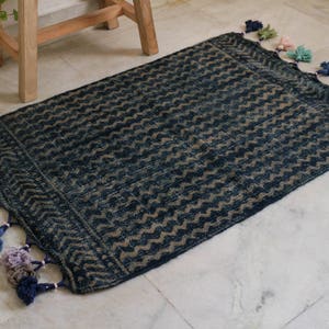 Handmade and Hand-dyed Indigo Rug with multi Pom Pom, 2 x 3 ft, White/Indigo, Geometric Pattern, Blue Rug, Small Rug, FREE SHIPPING