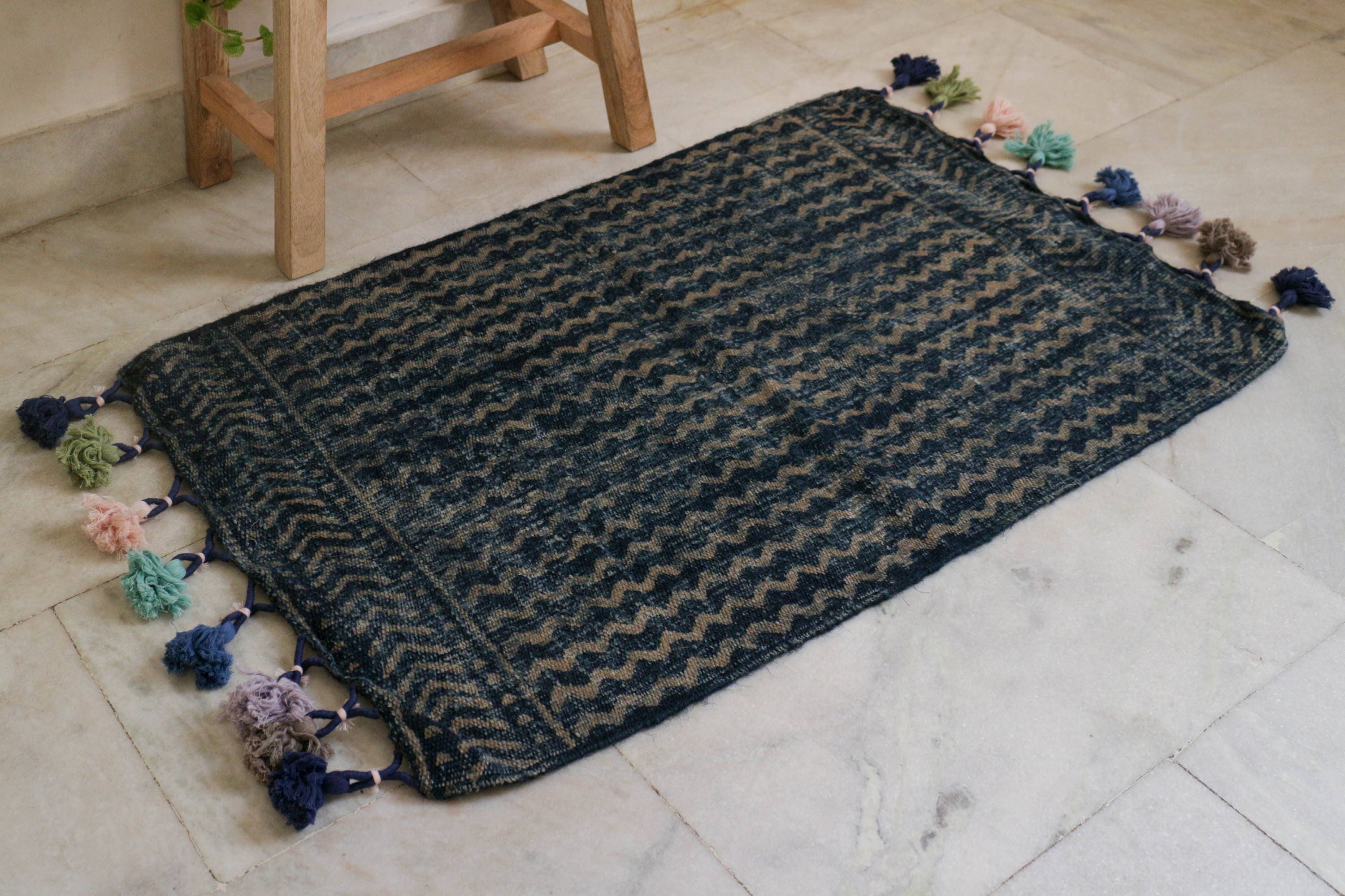 Handmade and Handdyed Indigo Rug with multi Pom Pom 2 x 3 Etsy
