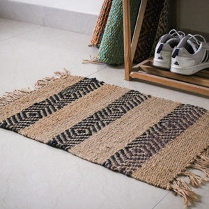 Handmade JUTE-HEMP Rug, Multicolor; Jute Dhurie; Hemp Dhurrie; Small Rug; Mat; traditional Indian; Chic Victorian Hipster; FREE Shipping!