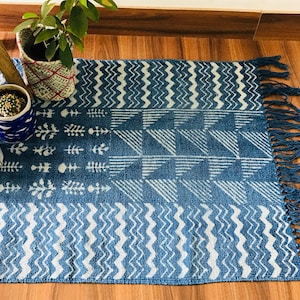 2 x 6Handmade Cotton Indigo 2 x 6 Rug Dhurrie hand block printed Rug Blue Rug, Small Rug, Blue and White, Traditional, Indian, Dhurrie