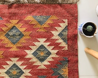 Handwoven Jute Wool Kilim Rug
