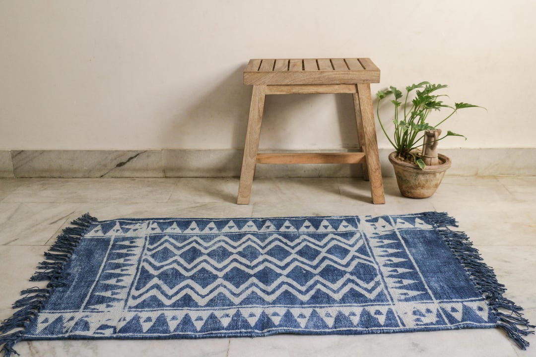 2 X 3 Handmade Cotton Indigo 2 X 3 Rug Dhurrie Hand Block Printed Rug ...