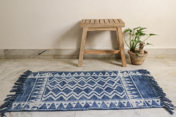 2 X 3 Handmade Cotton Indigo Rug Dhurrie Hand Block