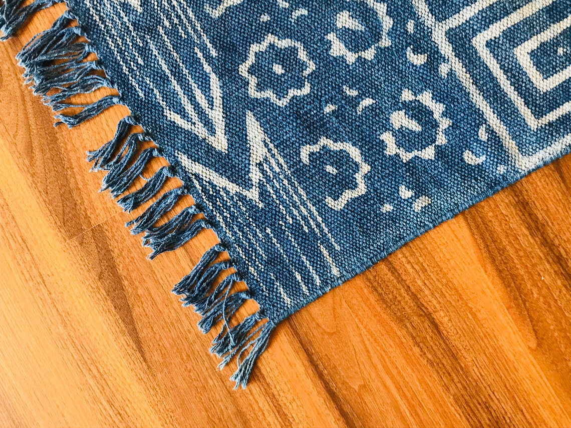 2 X 3 Handmade Cotton Indigo Rug Dhurrie Hand Block Printed Etsy