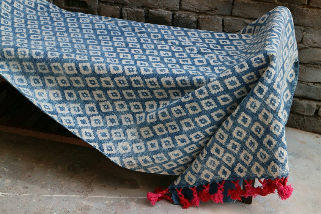 4 X 6 Handwoven Handmade Indigo Dhurrie Rug, Pink Tassles, Pom-poms ...