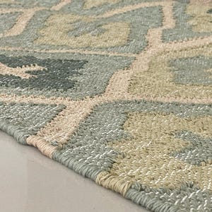May include: Close-up of a woven rug with a geometric pattern. The rug features a combination of muted colors, including shades of green, beige, and gray. The texture appears soft and the design is intricate, suitable for home decor.