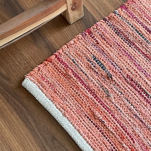 Handmade Rag Rug Mat, Small, Cotton, Chindi Dhurrie, Traditional Indian, Custom Rug, Nordic, Pink, Multicolour, Sustainable, Gifts, Bohemian