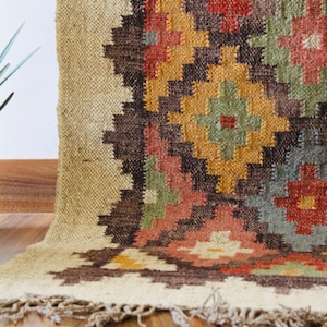 2.5 x 10 Ft - Jute/Wool Kilim Runner,Handmade,Home Decor,Bed Side,Floor,Multicolour,Indian Traditional RUG/CARPET. Costum Order All Size.