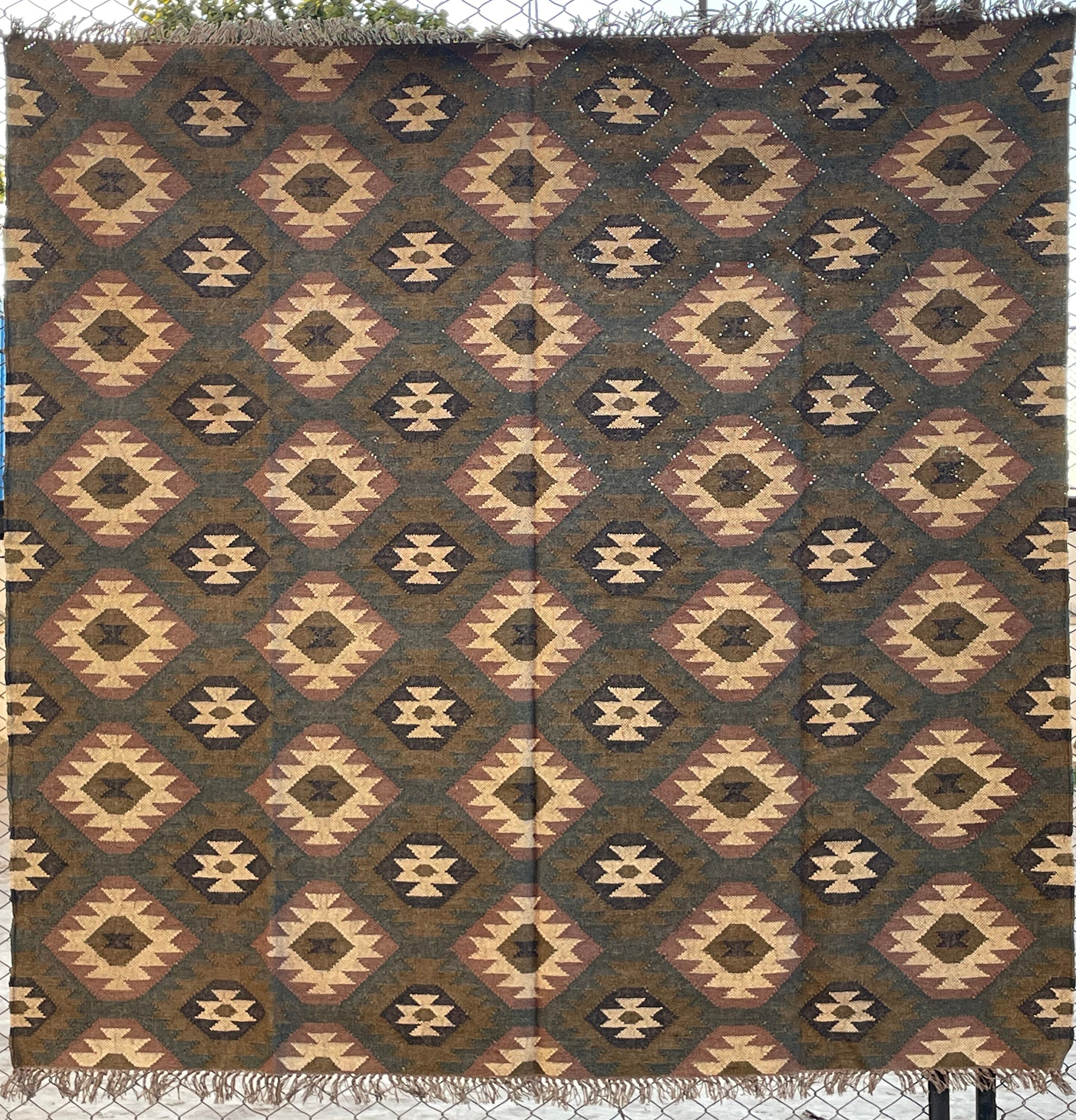 7 x 7 Ft - Jute\Wool Handmade KILIM Rug, Large, Traditional Indian, Area, Floor, Living Room, Dinning Area, Custom Rugs\Carpet.