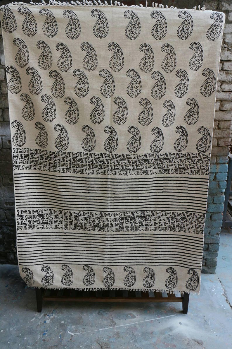 Handwoven Handmade Blockprinted Black and White Cotton Rug 4 Etsy India