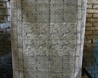 Handwoven Handmade Block-Printed Black and White Cotton Rug, 3 x 5 ft, leaves diamond pattern, traditional indian, contemporary, chic, rugs