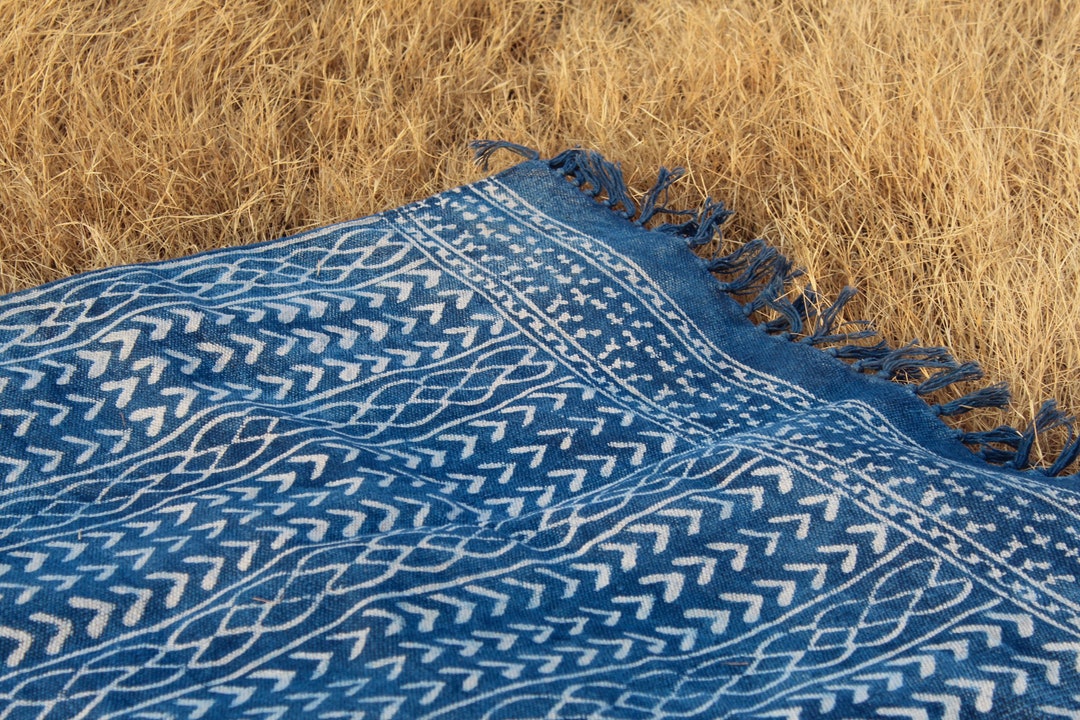 2 X 6 Cotton Indigo Rug, Block Printed Dhurrie, Handmade Rug, Leaf ...