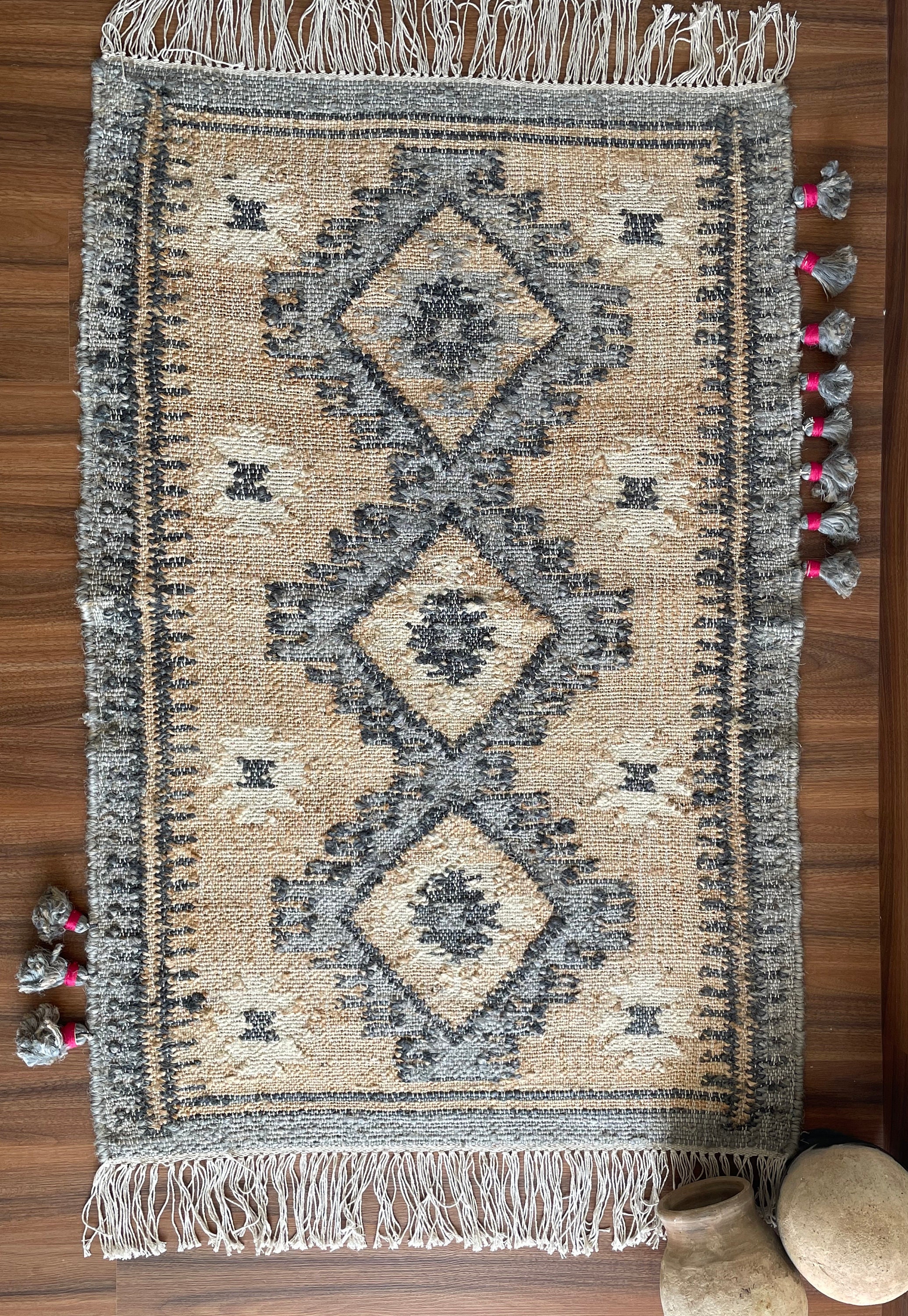 Hanf-Baumwolle Handgewebter Kelim Teppich, Handgemacht, Kelim, Dhurry,  Indisch, Türkisch, Orientalisch, Fransen, Quaste Individuell, 75 x 120 cm