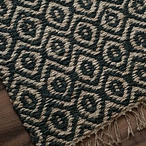 2 x 3, Handwoven Hemp Rug Dhurrie, Traditional, Natural Hemp, Seagrass/Mountain Grass, Small Rug, Black/Beige, Eco-friendly, Sustainable