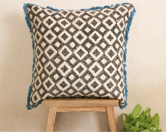 Handmade Cotton Cushion, Block Printed, White/Black/Dark Gray, Cushions, Pillow, Set, Blue Pom-Poms, kids room, dorm room, decorations, home