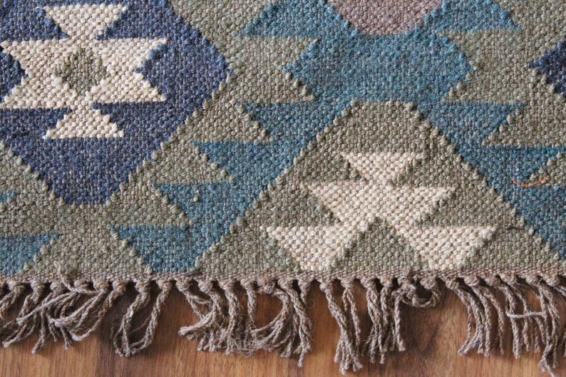 4 x 6 Handmade Wool and Jute Dhurrie Rug, Kilim Rug, Handmade, Home Decor, Area Rugs, ft rugs, kilim dhurri, Mulitcolor, Indian Chic image 2