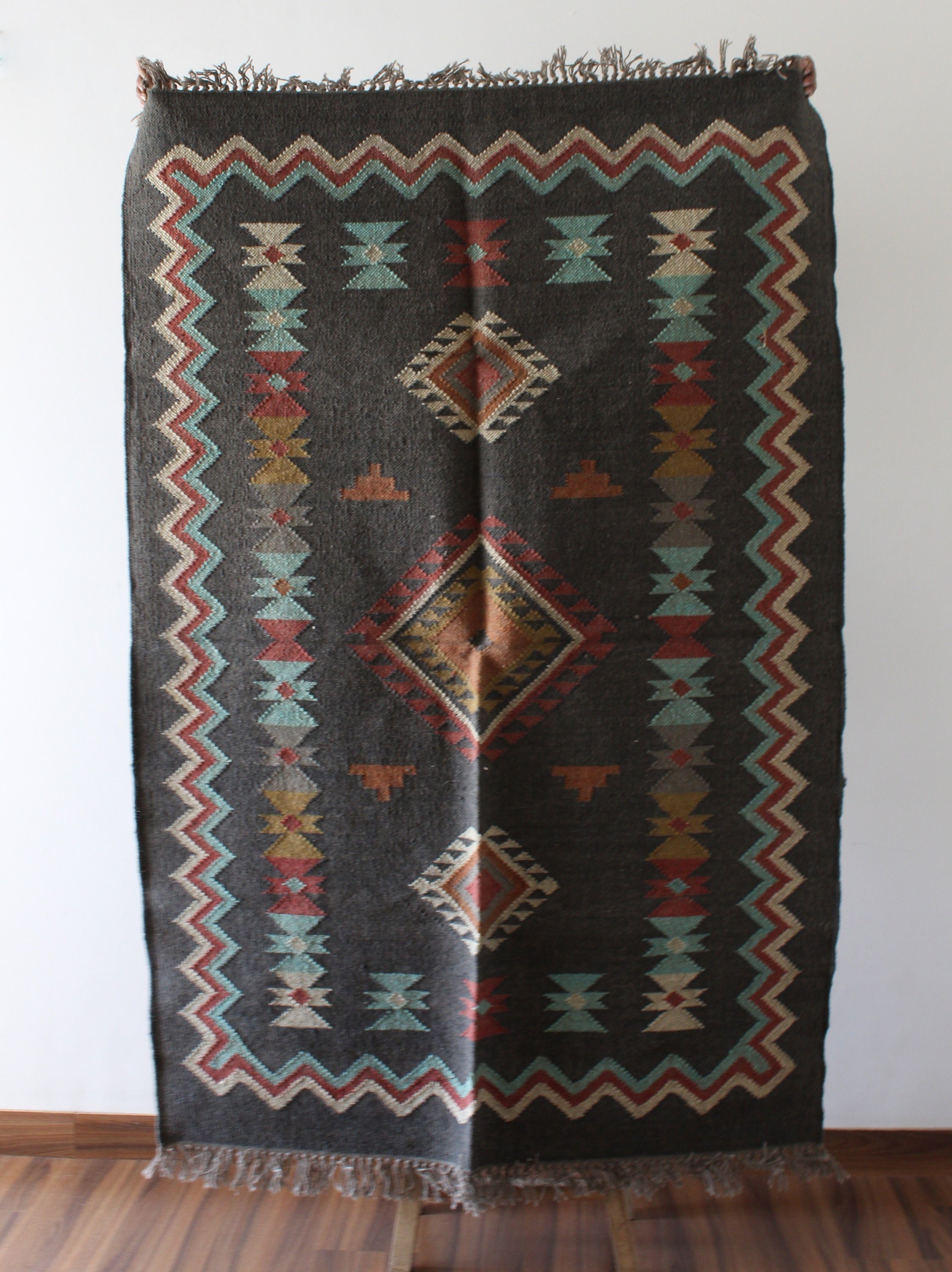 Oriental Kilim in wool Traditional India Jute Rug Jute Kilim Gray Rug 4 x 6 Handwoven Kilim Rug Dhurrie Rug Vintage Kilim Chic