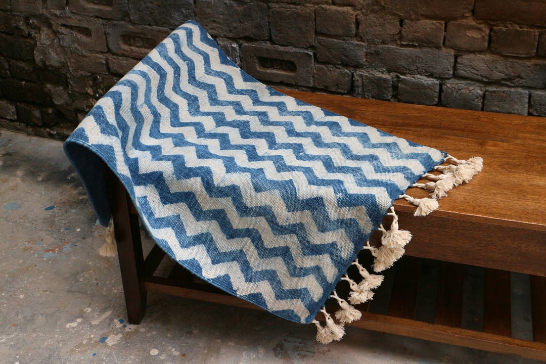 2 X 3 Handmade Hand-dyed Indigo Rug, White Tassles, Pom-poms, Blue Rug ...