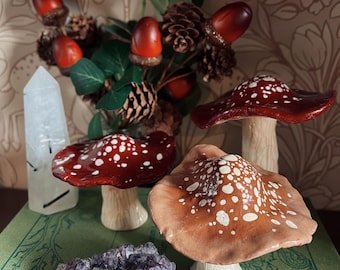 May include: A still life arrangement featuring ceramic mushrooms with red and brown caps dotted with white spots. A cluster of acorns and pinecones, a clear quartz crystal, and a purple amethyst cluster are also present. The items are arranged on a green surface.
