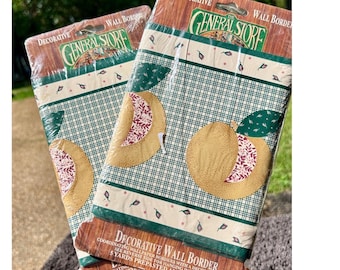 The General Store Wall Bordüre 5 Meter Grün Pfirsich Obst Karo Vintage New 2pk